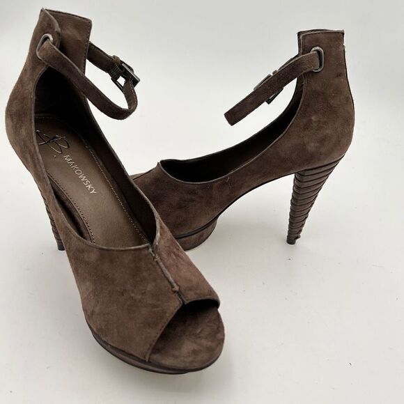 B. Makowsky Heels Women's 6M Brown Suede Leather Ankle Strap Open Toe Platform - Picture 10 of 10